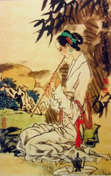 boy playing a violin Painting - girl playing Hsiao traditional Chinese